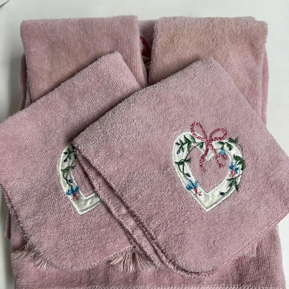 Vintage Pink Embroidered Heart Towel Set of 6